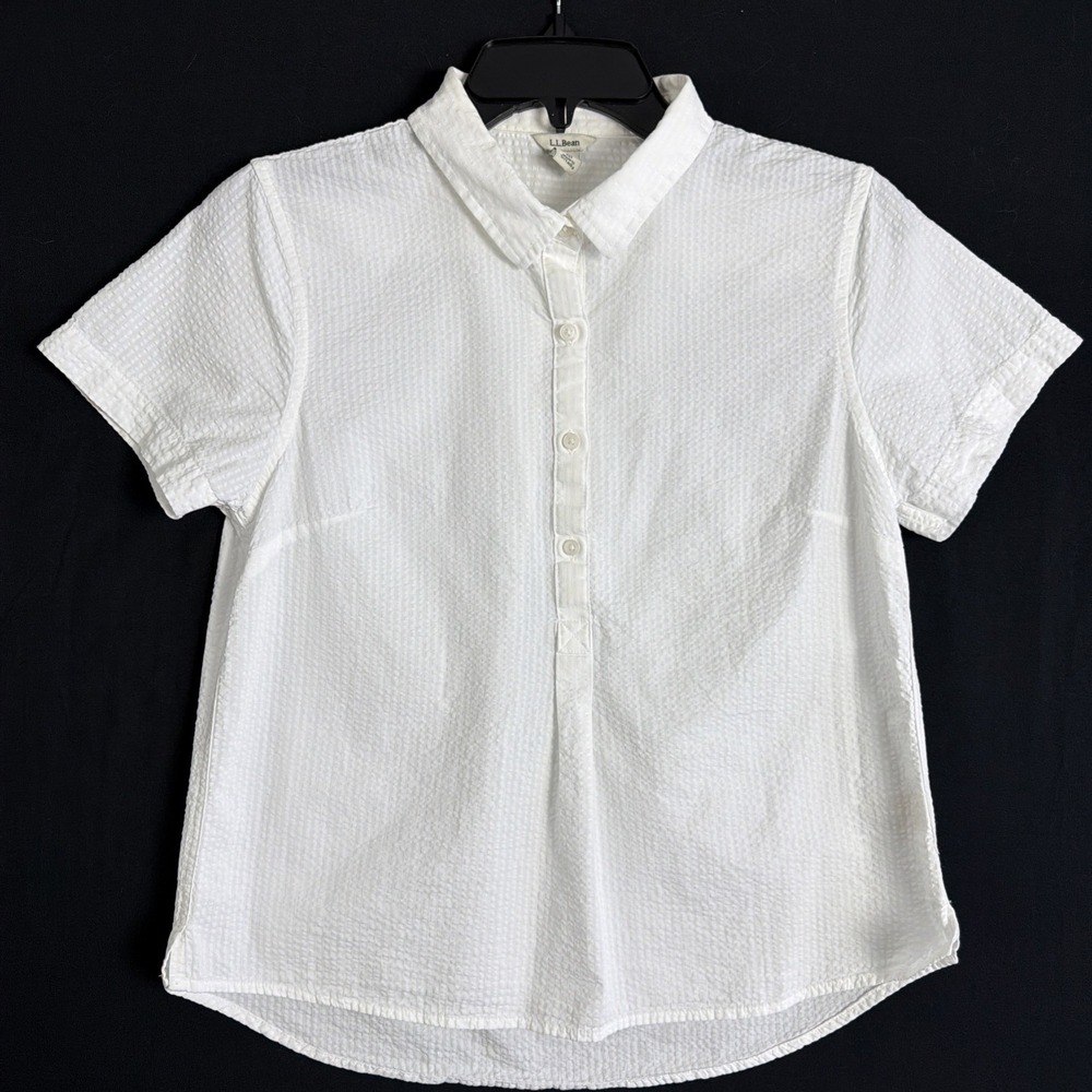 L.L.Bean Vacationland Seersucker Shirt Women's XS White Short Sleeve JZZ703